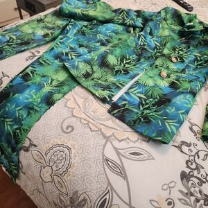 Tropical Green and Blue Leaf Print  Pantsuit